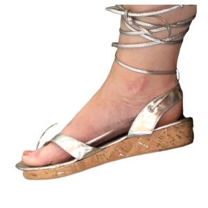 Micheal Kors size 10 silver Metallic open toe ankle wrap thong sandals